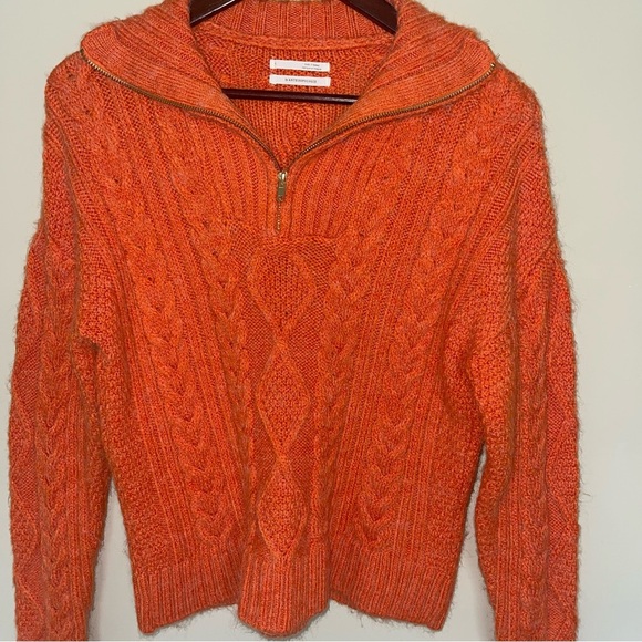 Anthropologie Orange Cable Knit Mock Neck Sweater S 1/4 Zip Pullover Very Soft - Picture 4 of 6